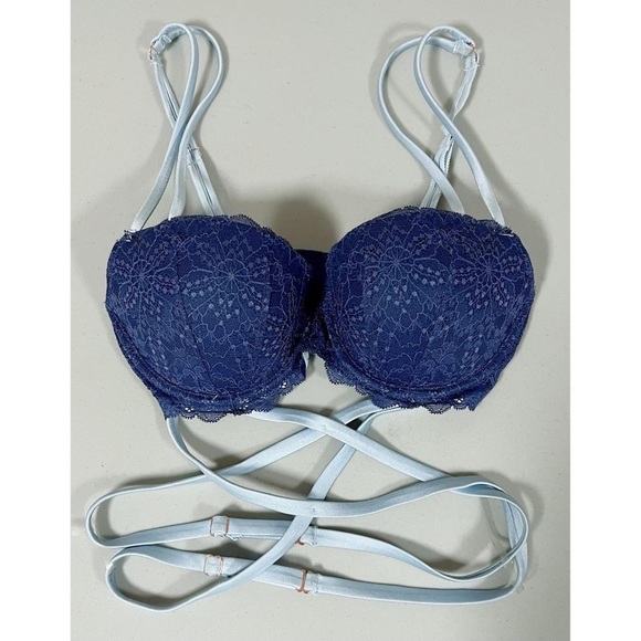 Victoria’s Secret Blue Criss-Cross Lace Bustier Bra Bralette Lingerie Size 32D - Picture 1 of 3